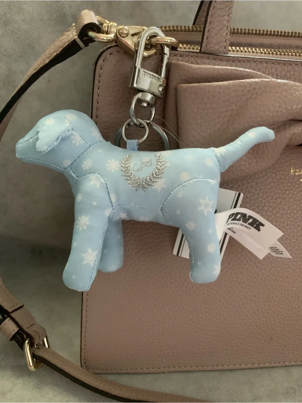 NWT Victoria's Secret PINK Micro Dog Keychain Charm Icy Blue Snow Printed Crest